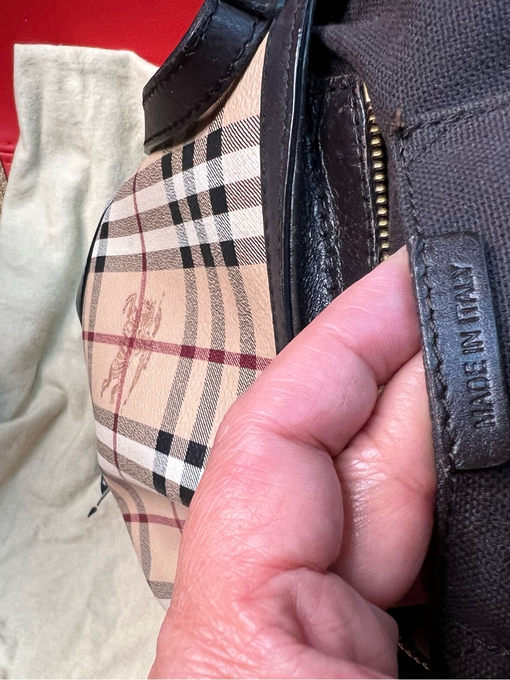 Burberry Tan Check Crossbody with Black Trim and Red Stripe - Picture 4 of 8